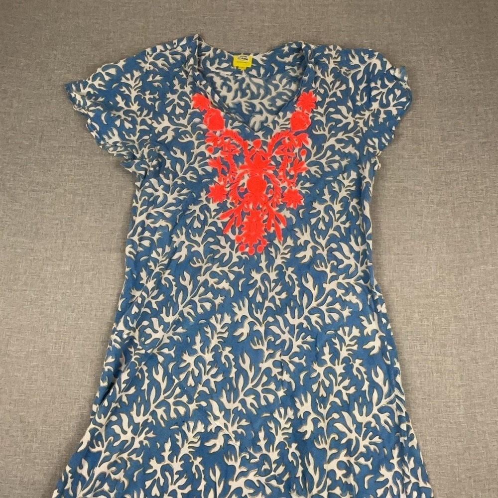 Roller Rabbit Dress Womens Medium Blue Floral Embroidered V-Neck Shift Cotton